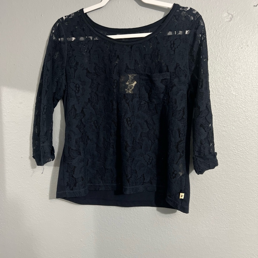 Womens Hollister Large Sheer Lace Blue Top Floral 3/4 Sleeve